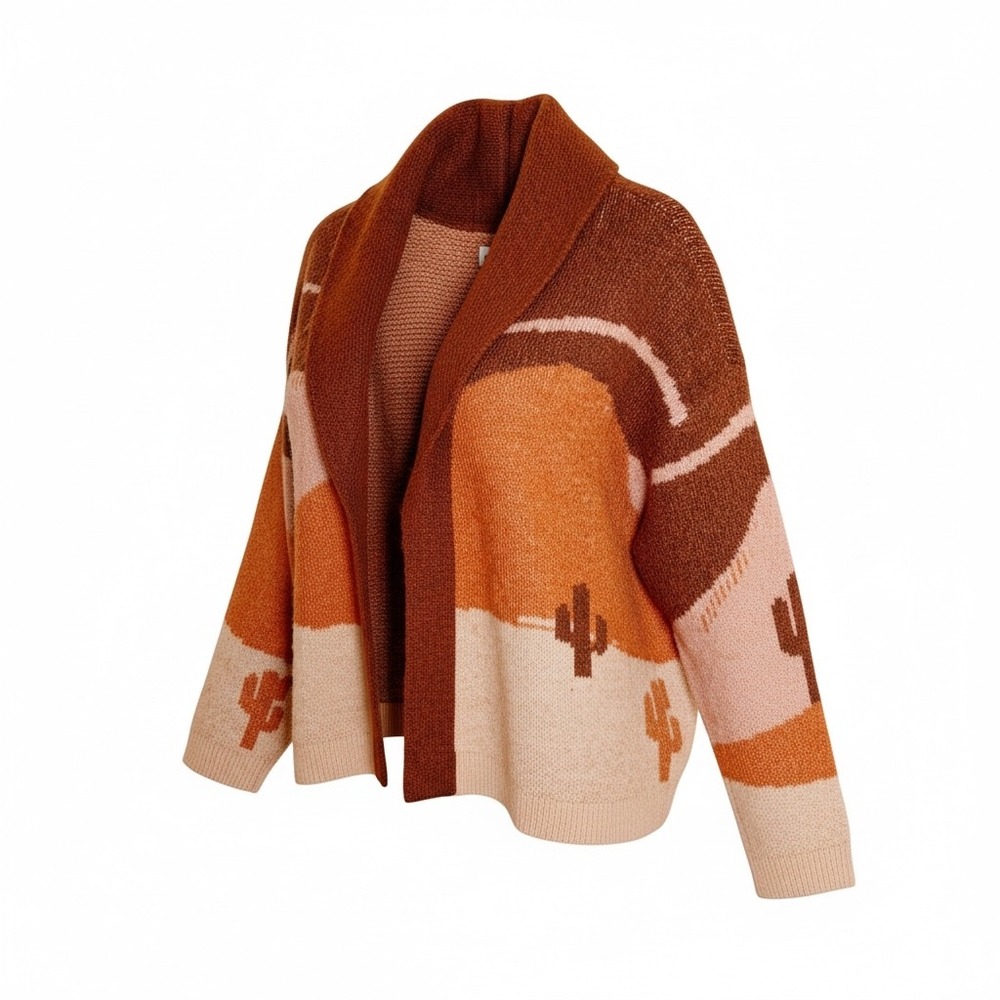 Lucky Brand Cardigan Women XL Brown Desert Horse Cactus Shawl Collar Sweater